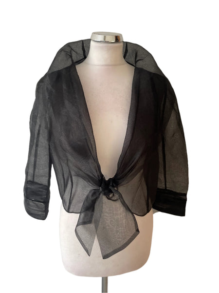 GOLD BY MICHAEL H BLACK SHEER COLLARED TIE FRONT 3/4 SLEEVED EVENING BOLERO SIZE 14