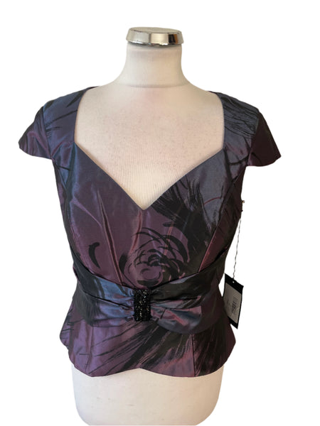 BRAND NEW FRANK USHER PURPLE & BLACK PRINT CAP SLEEVED OCCASION TOP SIZE 12