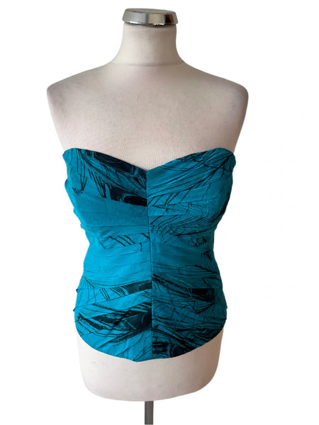 BRAND NEW  DUSK TURQUOISE & BLACK PRINT SILK STRAPLESS BUSTIER TOP SIZE 12