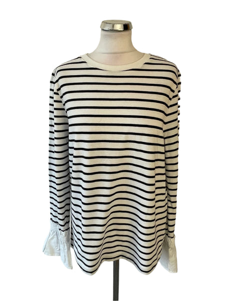 MINT VELVET 100% COTTON BLACK & WHITE STRIPED FRILLED CUFF LONG SLEEVE TOP SIZE L
