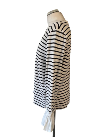 MINT VELVET 100% COTTON BLACK & WHITE STRIPED FRILLED CUFF LONG SLEEVE TOP SIZE L