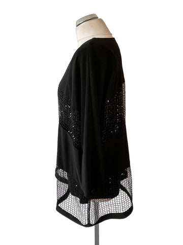 JOSEPH RIBKOFF BLACK SEQUIN EMBELLISHED MESH TRIM TOP SIZE 14