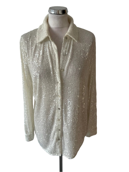 MINT VELVET OFF WHITE SEQUINNED COLLARED LONG SLEEVE SHIRT SIZE 14
