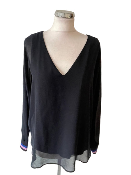 MINT VELVET NAVY BLUE SHEER OVERLAY LONG SLEEVE TOP SIZE 14