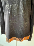OUI MOMENTS BLACK PRINTED BRONZE SEQUIN TRIM LONG SLEEVED TOP SIZE 16