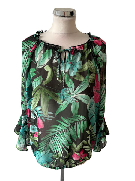 GERRY WEBER GREEN & PINK FLORAL PRINT 3/4 SLEEVED TOP  SIZE 14