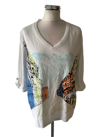 BRAND NEW MARBLE 100% COTTON WHITE & MULTI COLOURED PRINT 3/4 SLEEVE TOP SIZE 3 UK L