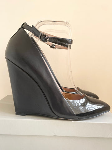 KURT GEIGER BLACK LEATHER & SYNTHETIC PATENT ANKLE STRAP HIGH WEDGE HEELS SIZE 7.5/41