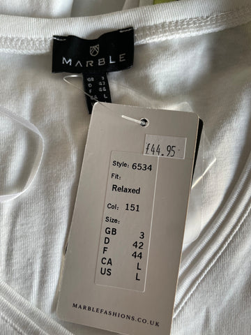 BRAND NEW MARBLE 100% COTTON WHITE & MULTI COLOURED PRINT 3/4 SLEEVE TOP SIZE 3 UK L