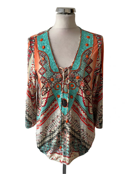 K-DESIGN MULTI COLOURED BEAD & SEQUIN TRIMMED 3/4 SLEEVED TOP SIZE L