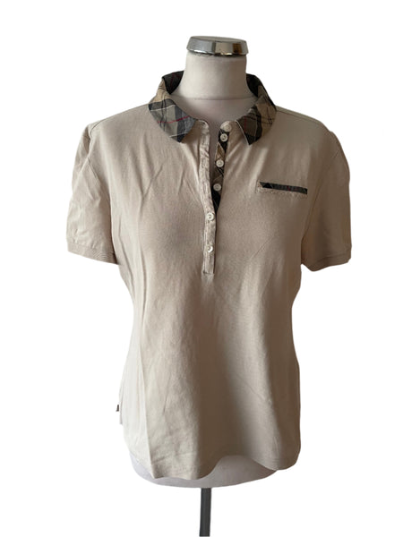 BARBOUR BEIGE TARTAN TRIMMED COLLARED SHORT SLEEVED POLO SHIRT SIZE 16