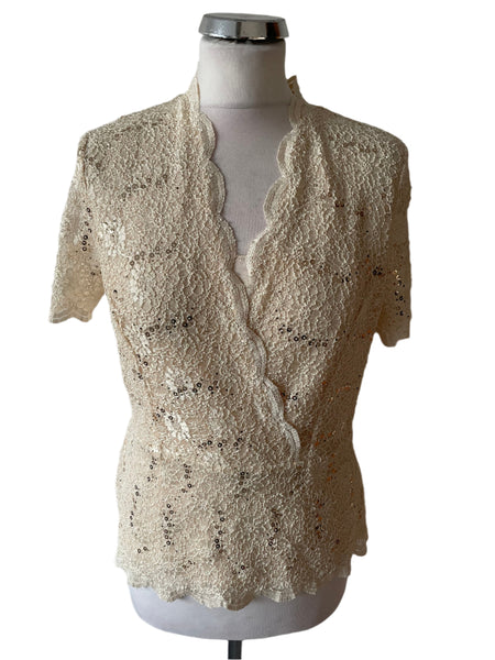 JACQUES VERT CREAM & GOLD SEQUIN TRIM LACE SHORT SLEEVED TOP SIZE 10