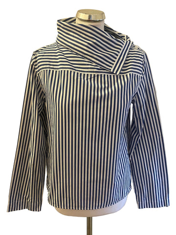 ARKET COTTON BLUE & WHITE STRIPED FOLD COLLAR LONG SLEEVED BLOUSE SIZE 34 UK 8/10