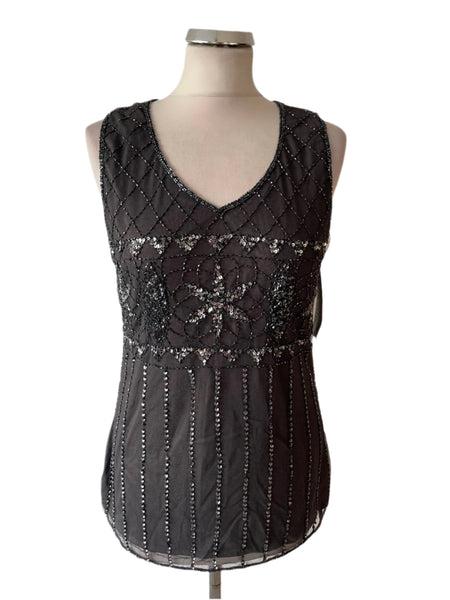 BRAND NEW FRANK USHER GUNMETAL GREY BEAD & SEQUINNED SLEEVELESS TOP SIZE 12