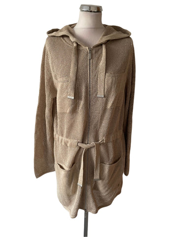 MONARI BEIGE/GOLD METALLIC HOODED ZIP UP LONG CARDIGAN SIZE 14