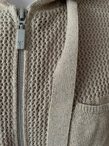 MONARI BEIGE/GOLD METALLIC HOODED ZIP UP LONG CARDIGAN SIZE 14