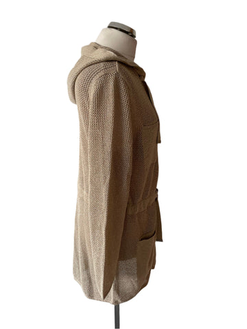 MONARI BEIGE/GOLD METALLIC HOODED ZIP UP LONG CARDIGAN SIZE 14