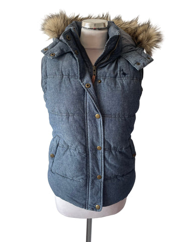 JACK WILLS DENIM BLUE QUILTED HOODED GILET/ BODYWARMER SIZE 10