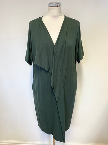 COS BOTTLE GREEN DRAPED FRONT SHORT SLEEVE STRETCH JERSEY DRESS SIZE S