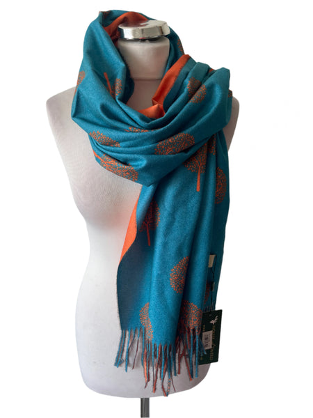 BRAND NEW HOUSE OF TWEED TREE OF LIFE PRINT TURQOUISE & ORANGE SHAWL/WRAP