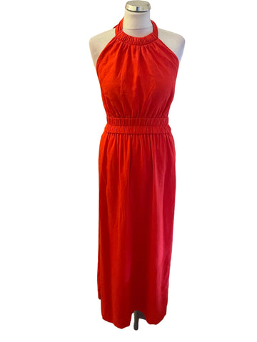 ME+EM RED LINEN MIX HALTER NECK MAXI DRESS  SIZE 8