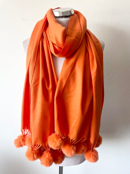 BRAND NEW ORANGE CASHMERE BLEND POM POM TRIM SHAWL/WRAP