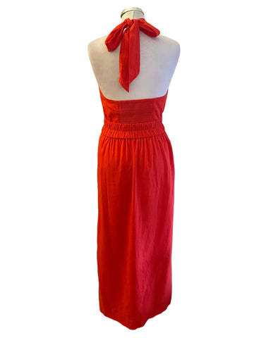 ME+EM RED LINEN MIX HALTER NECK MAXI DRESS  SIZE 8