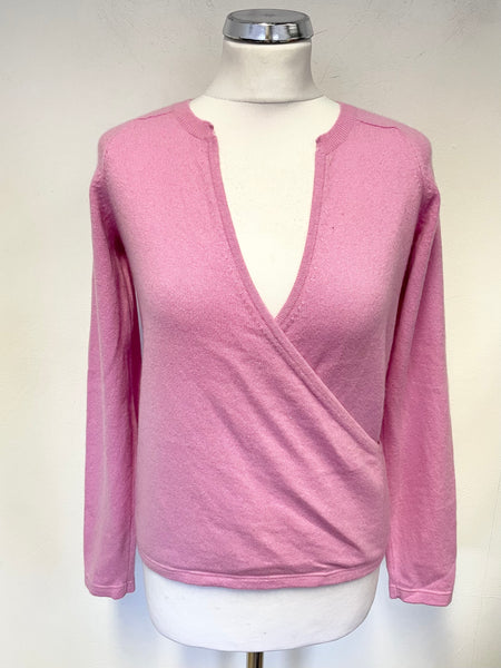UNBRANDED 100% CASHMERE PINK V NECK WRAP ACROSS LONG SLEEVED JUMPER SIZE S