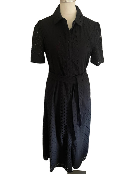 MARKS & SPENCER BLACK BRODIERE ANGLAISE BELTED SHIRT DRESS SIZE 8