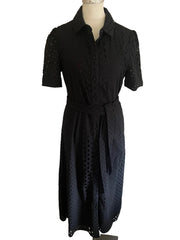 MARKS & SPENCER BLACK BRODIERE ANGLAISE BELTED SHIRT DRESS SIZE 8