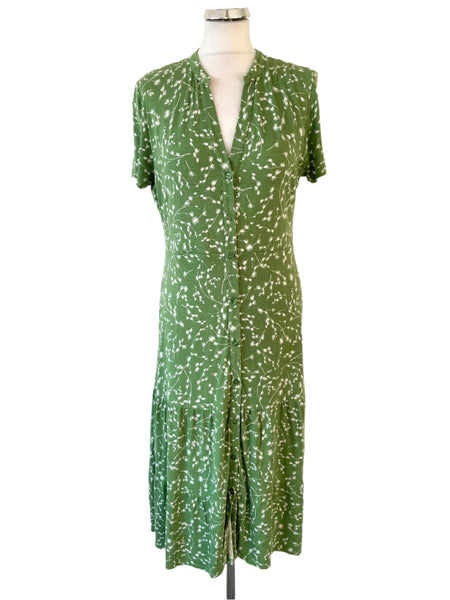 HOBBS GREEN & WHITE FLORAL PRINT SHORT SLEEVE TIERED MIDI DRESS SIZE 14