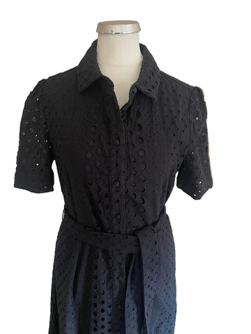MARKS & SPENCER BLACK BRODIERE ANGLAISE BELTED SHIRT DRESS SIZE 8