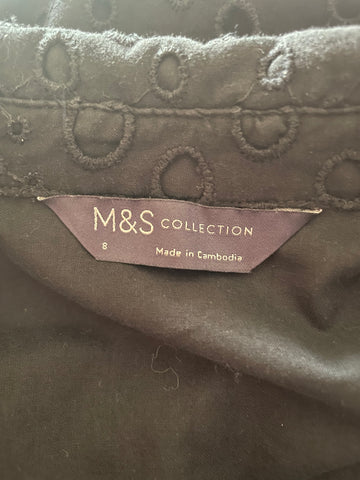 MARKS & SPENCER BLACK BRODIERE ANGLAISE BELTED SHIRT DRESS SIZE 8