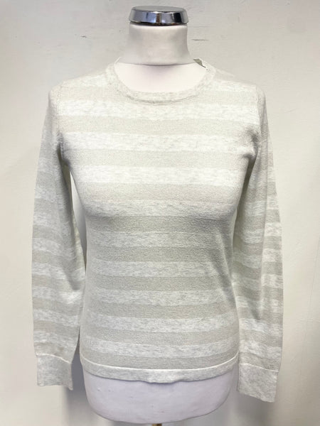 THE WHITE COMPANY GREY & SILVER METALLIC STRIPE LONG SLEEVED JUMPER SIZE 8