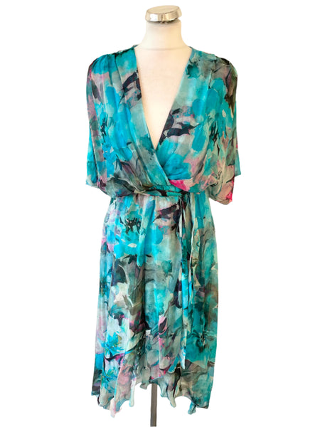 MADE IN ITALY SILK MIX TURQUOISE PRINT SHORT SLEEVE WRAP STYLE DRESS ONE SIZE FIT UP TO APPROX 16