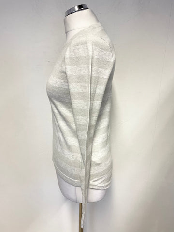 THE WHITE COMPANY GREY & SILVER METALLIC STRIPE LONG SLEEVED JUMPER SIZE 8