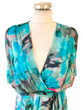 MADE IN ITALY SILK MIX TURQUOISE PRINT SHORT SLEEVE WRAP STYLE DRESS ONE SIZE FIT UP TO APPROX 16
