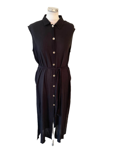 POUR MOI BLACK BUTTON THROUGH SLEEVELESS BELTED MIDI DRESS SIZE 14