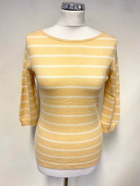 PURE COLLECTION 100% CASHMERE PEACH & WHITE STRIPE 3/4 SLEEVE JUMPER SIZE 10