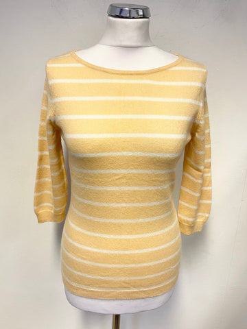 PURE COLLECTION 100% CASHMERE PEACH & WHITE STRIPE 3/4 SLEEVE JUMPER SIZE 10
