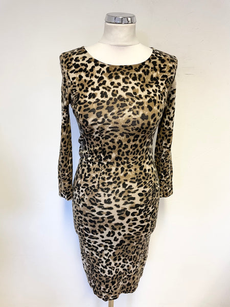 HOBBS BROWN & BLACK LEOPARD PRINT 3/4 SLEEVE KNIT DRESS SIZE 8