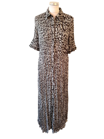 MINT VELVET GREY & DARK GREEN PRINT BUTTON THROUGH SHORT SLEEVE MAXI DRESS SIZE 14