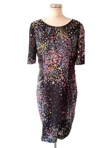 HOBBS SILK NAVY BLUE & MULTI COLOUR PRINT SHORT SLEEVE PENCIL DRESS SIZE 14