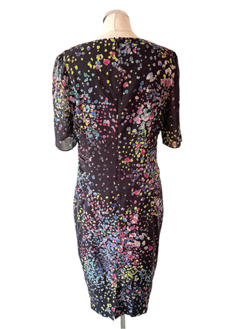 HOBBS SILK NAVY BLUE & MULTI COLOUR PRINT SHORT SLEEVE PENCIL DRESS SIZE 14