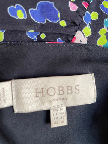 HOBBS SILK NAVY BLUE & MULTI COLOUR PRINT SHORT SLEEVE PENCIL DRESS SIZE 14