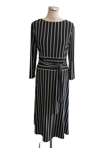 LAUREN RALPH LAUREN BLACK & WHITE STRIPE BELTED MIDI DRESS SIZE 6 UK 10