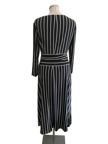 LAUREN RALPH LAUREN BLACK & WHITE STRIPE BELTED MIDI DRESS SIZE 6 UK 10