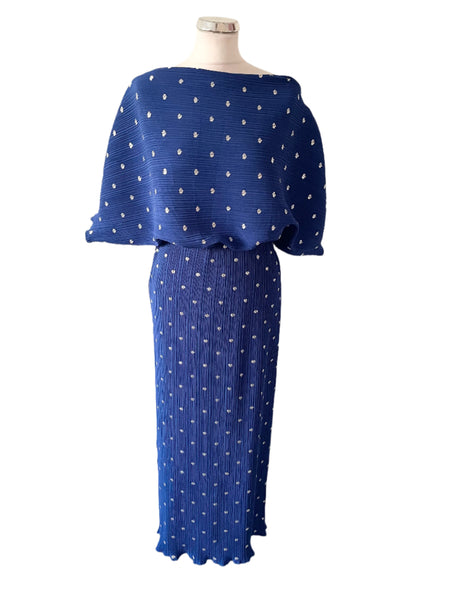 BRAND NEW NEVER FULLY DRESSED ROYAL BLUE & SILVER SHORT SLEEVE KNIFE PLEATED MAXI DRESS  SIZE 12