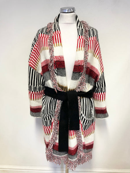 MAJE MAARTEEN MULTI COLOURED STRIPE OVERSIZE FRINGED BELTED CARDIGAN/ JACKET SIZE 1