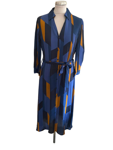HOBBS NAVY & TAN PRINT A-LINE LONG SLEEVE BELTED SHIRT DRESS  SIZE 12